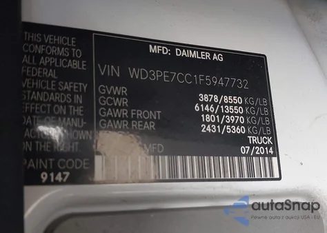 2015 Mercedes-Benz Sprinter 2500 Normal Roof из США, поврежденный, VIN WD3PE7CC1F5947732